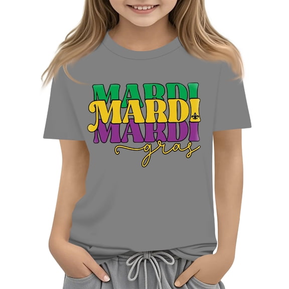 CCRFTGI Mardi Gras Shirt for Child Girls Size 7 Funny Mardi Gras Letter T Shirts Trendy Beads T-Shirt Holiday Crew Neck Gift T-Shirt Gray 9-10 Years