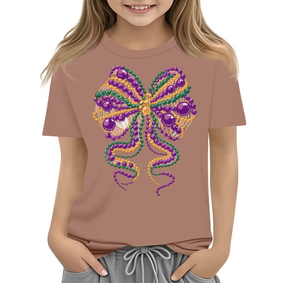 CCRFTGI Mardi Gras Shirt for Child Girls Size 8 Cute Coquette Bow Shirts Fashion Beads Tee Holiday Crewneck Carnival T-Shirt Light Brown 7-8 Years