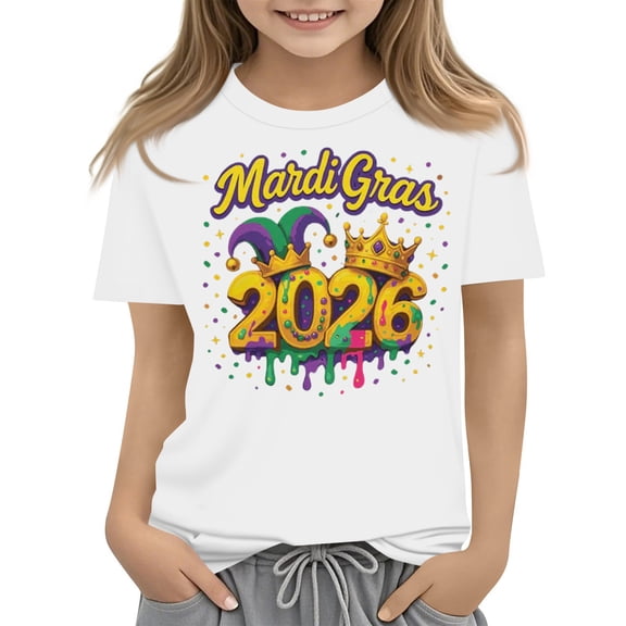 CCRFTGI Mardi Gras Shirt for Children Girls Size 10-12 Cute Mardi Gras 2026 Shirts Fashion Beads Tee Party Crew Neck Carnival T-Shirt White 3-4 Years