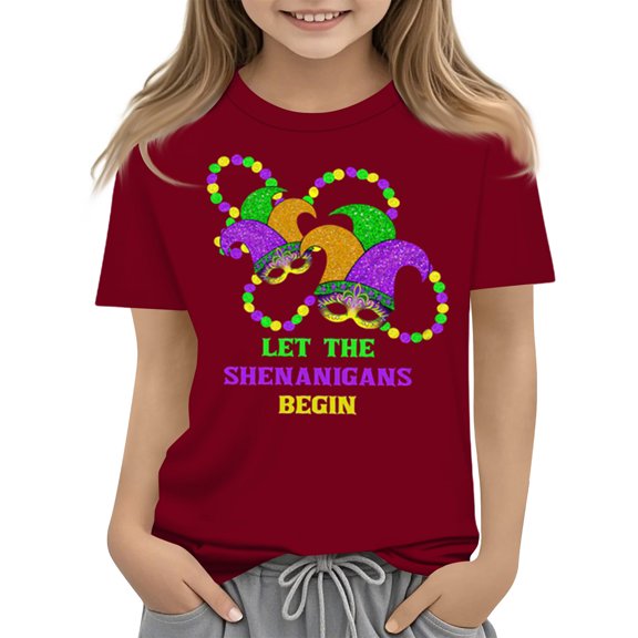 CCRFTGI Mardi Gras Shirt for Kids Girls Size 8 Funny Carnival Graphic T Shirts Fashion Beads T-Shirt Party Crewneck Carnival T-Shirt Wine 12-13 Years
