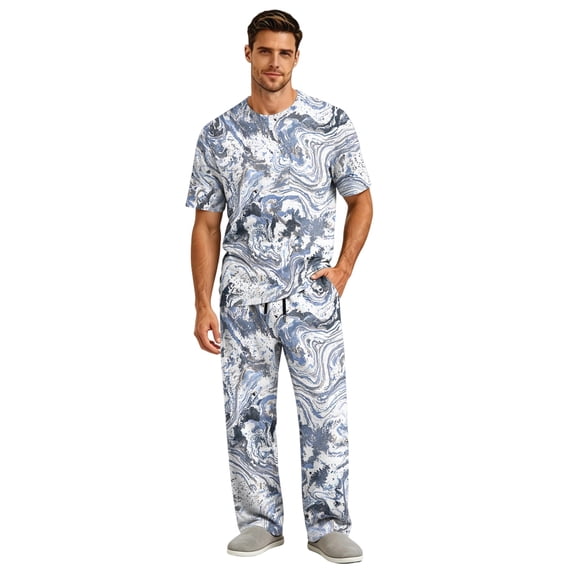 CCRFTGI Men Pajama Set Tie Dye 2 Piece Summer Sleep Outfit Short Sleeve Shirts Pocket Pants Adjustable Drawstring Comfort Pjs Gray S