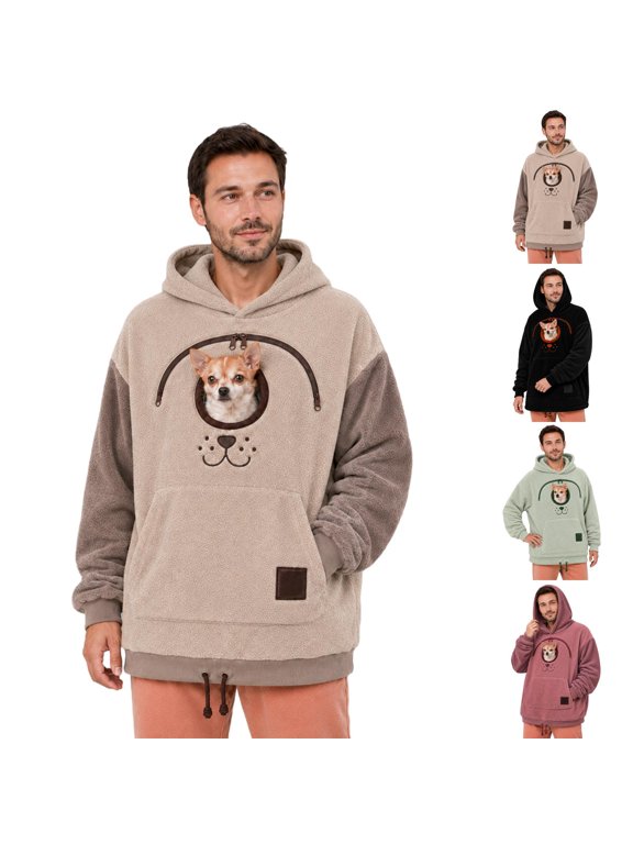 Men Pet Pouch Sweatshirts Oversized Long Sleeve Zip Large Pocket Sweatshirt Animal Holder Pullover Tops White 2XL