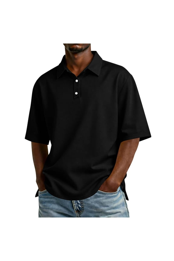 Men Polo Shirts Big and Tall Short Sleeve Shirt Athletic Button Down Collared Tops Stylish Summer Polo Shirt Black L