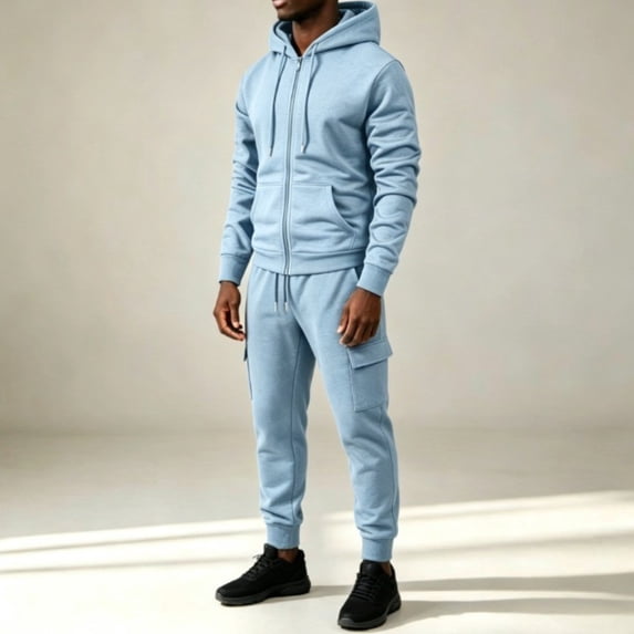 CCRFTGI Men Suits 2 Piece Set Matching Zip Drawstring Hoodie Sets Straight Cargo Sweatpants Work Out Casual Athletic Tracksuits Jogging Suit Light Blue M