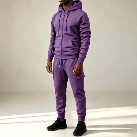 CCRFTGI Men Suits 2 Piece Set Matching Zip Drawstring Hoodie Sets Straight Cargo Sweatpants Work Out Casual Athletic Tracksuits Jogging Suit Purple 2XL