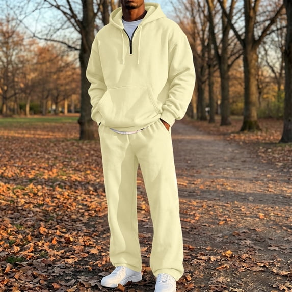 CCRFTGI Men Sweatsuits Sets Quarter Zip Hoodie And Sweatpants Work Out Casual Tracksuits Jogging Suit 2 Piece Outfits Beige L