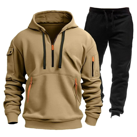 CCRFTGI Men Sweatsuits Sets Vintage Jogging Athletic Sweatshirt and Joggers Set Winter Lightweight Zip Up Hoodie Set with Pockets Khaki M
