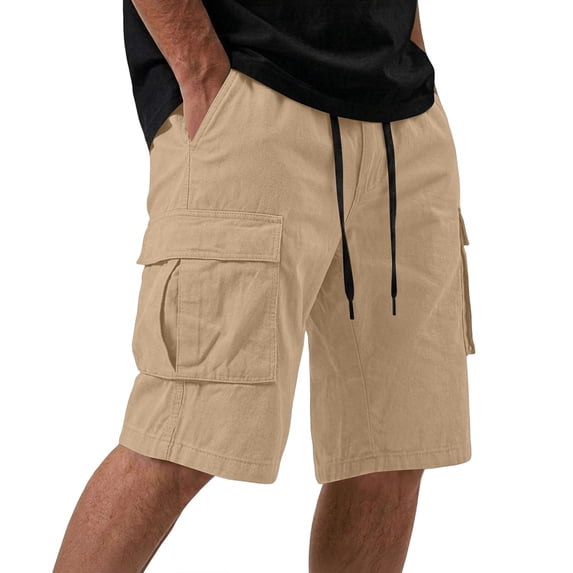 CCRFTGI Men's Casual Cargo Shorts Drawstring Elastic Waist Shorts Summer Work Shorts with Pockets Khaki L