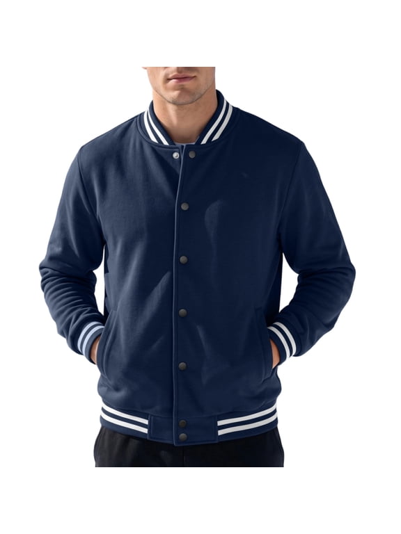 Men's Casual Jacket Button Down Varsity Jacket Athletic Long Sleeve Bomber Baseball Coat Navy L