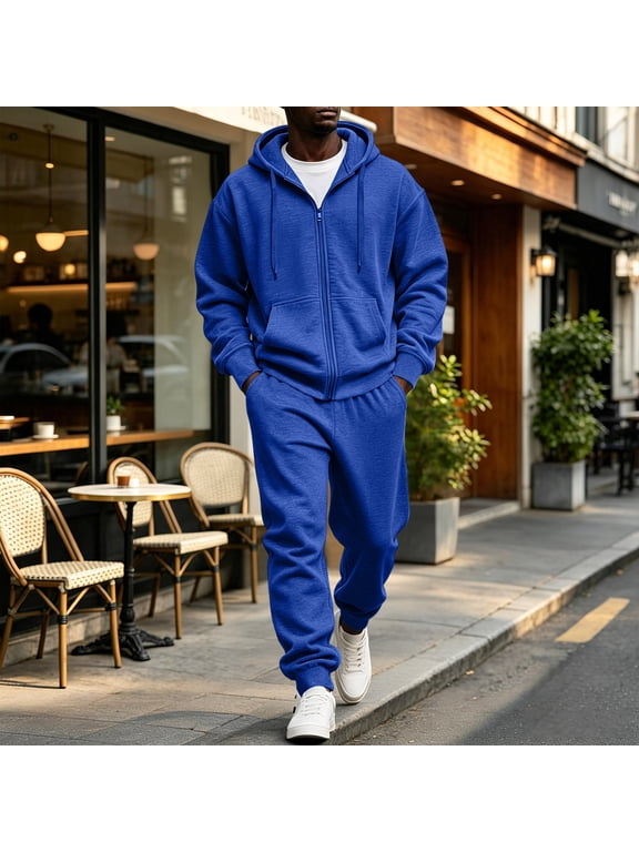 Men's Hoodie Jogger Pants Set Full-zip Hoodie and Pants 2 Piece Hooded Sweatshirt set Royal Blue S