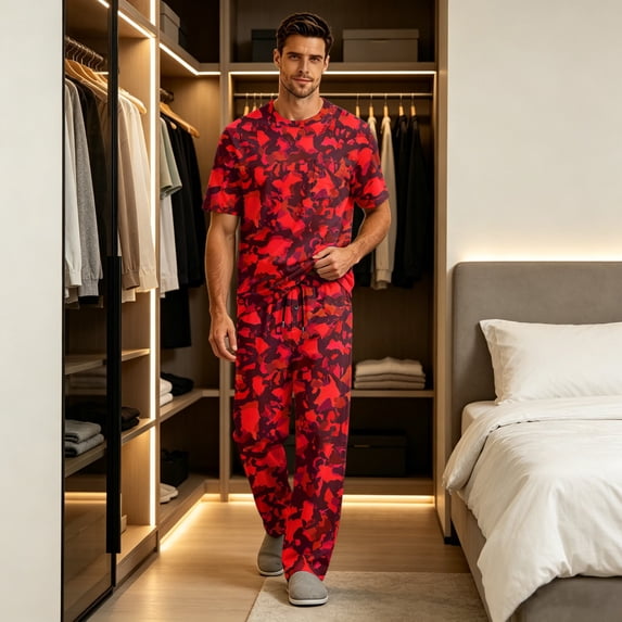 CCRFTGI Men's Pajama Sets Summer Pjs Short Sleeve Camo Sleepwear Lightweight Pajamas 2 Pieces with Pockets Deep Red S
