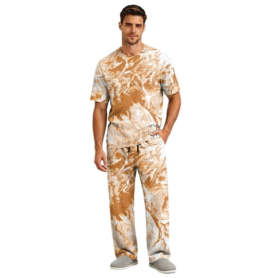 CCRFTGI Men's Pajama Sets Summer Pjs Short Sleeve Sleepwear Lightweight Gradient Pajamas 2 Pieces Loungewear with Pockets Khaki 3XL