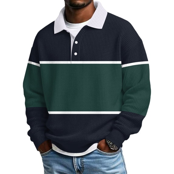 CCRFTGI Men's Polo Shirts Waffle Casual Long Sleeve Henley Shirts Golf Button Down Collared Shirts Stylish Spring Fall Summer Polo Shirt Dark Blue XL