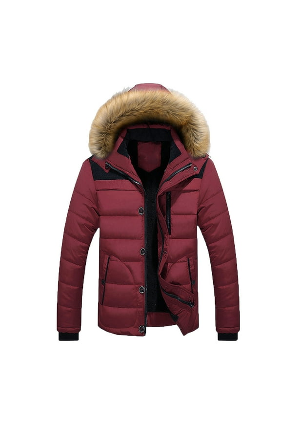 Mens Puffer Jacket Fashion Thick Quilted Winter Coats Warm Heavy Parka Down Jacket with Faux Fur Non-Removable Hood Red M