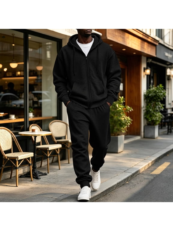 Men's Sweat Suits 2 Piece Hoodie Set Athletic Zip Up Hooded Tracksuit Baggy Jogging Suits Joggers for Men Outfits Black XL