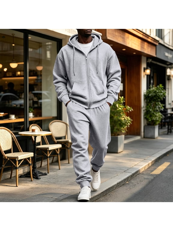Men's Sweat Suits 2 Piece Hoodie Set Athletic Zip Up Hooded Tracksuit Baggy Jogging Suits Joggers for Men Outfits Light Gray XL
