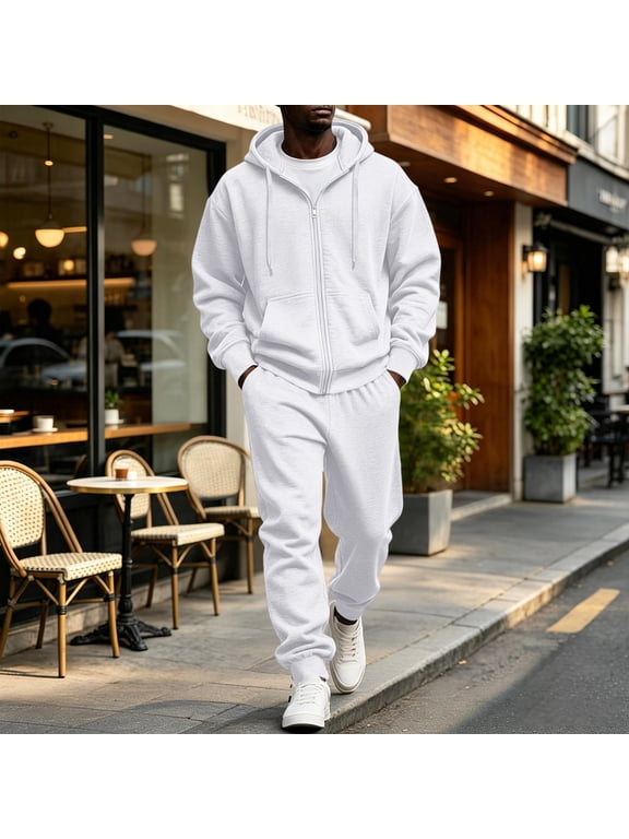 Men's Sweat Suits 2 Piece Hoodie Set Athletic Zip Up Hooded Tracksuit Baggy Jogging Suits Joggers for Men Outfits White XL