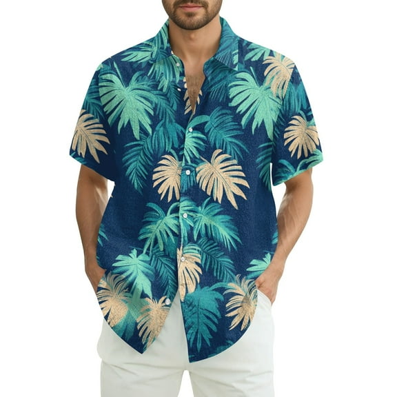 CCRFTGI Mens Button Down Short Sleeve Shirt Hawaiian Golf Mens T-Shirts Summer Vacation T Shirt Leaf Printed Plain Tees,Mint Green 2XL