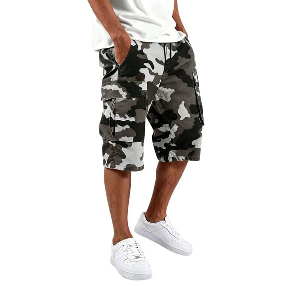 CCRFTGI Mens Camouflage Cargo Shorts Multi Pockets Elastic Waist Summer Outdoor Walking Short Pants Black 4XL