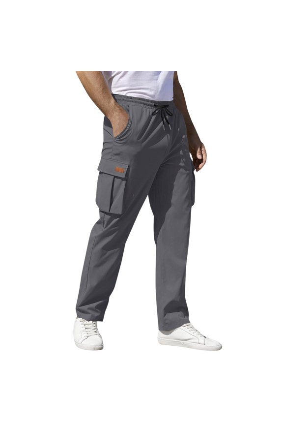 Mens Cargo Pants Casaul Workout Hiking Pants Active Elastic Waist Mens Joggers Lightweight Sweatpants with Pockets Drawstring Light Gray M