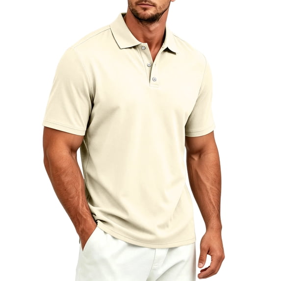 CCRFTGI Mens Casual Polo Shirt Summer Short Sleeve Vacation Button Beach Stretchy Golf Shirts Beige 3XL