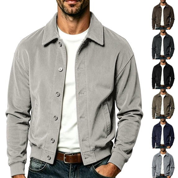 CCRFTGI Mens Corduroy Fleece Coat Laydown Collar Jacket Soft Casual Top with Storage Pockets Light Gray L