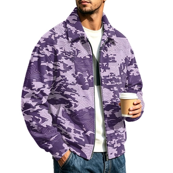CCRFTGI Mens Corduroy Jacket Bomber Full Zip Casual Vintage Long Sleeve Lapel Collar Camo Relaxed Fit Fall Winter Coats for Men Purple 3XL