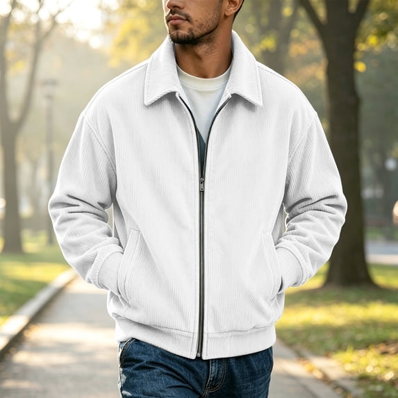 CCRFTGI Mens Corduroy Jacket Bomber Full Zip Vintage Casual Long Sleeve Lapel Collar Relaxed Fit Fall Winter Jacket White M