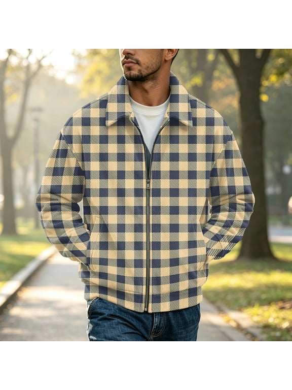 Mens Corduroy Jacket Zip Up Bomber Casual Vintage Collared Long Sleeve Plaid Work Fall Winter Coats for Men Khaki 4XL