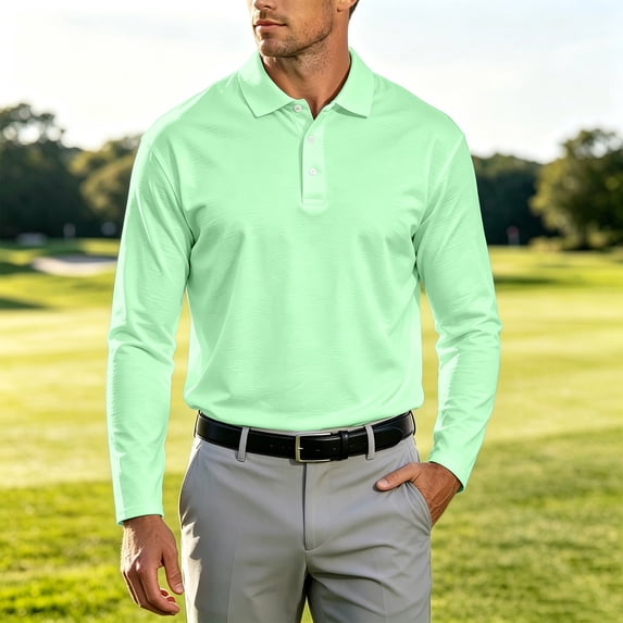 CCRFTGI Mens Golf Shirt Long Sleeve Casual Lightweight Performance Polo Tee Moisture Wicking Breathable Classic Tops Light Green S