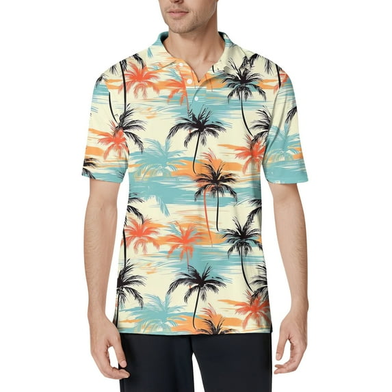 CCRFTGI Mens Hawaiian Shirt Clearance Cotton Short Sleeve Polo Shirts Summer Plain Shirts for Men Vacation Palm Trees Print Button Up Men's T-Shirts,Orange L
