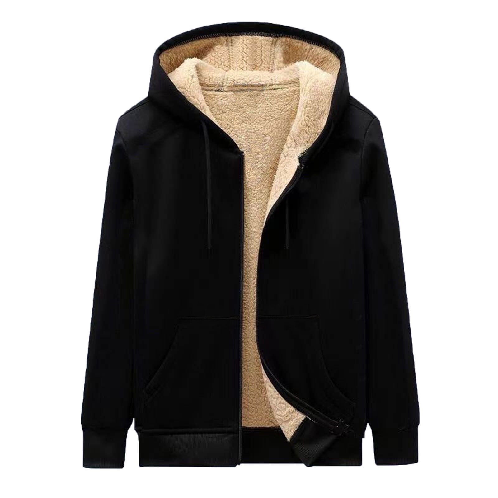 CCRFTGI Mens Hoodies Pullover Heavyweight Thick Sherpa Lined Jackets Big and Tall Full Zip Up Sweatshirt Long Sleeve Hooded Coat with Pockets Black 5XL