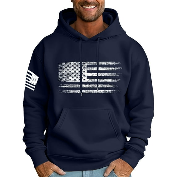 CCRFTGI Mens Hoodies Soft American Hoodie Big and Tall Hooded USA Sweatshirt Fleece Drawstring American Flag Jacket with Pocket Navy 2XL