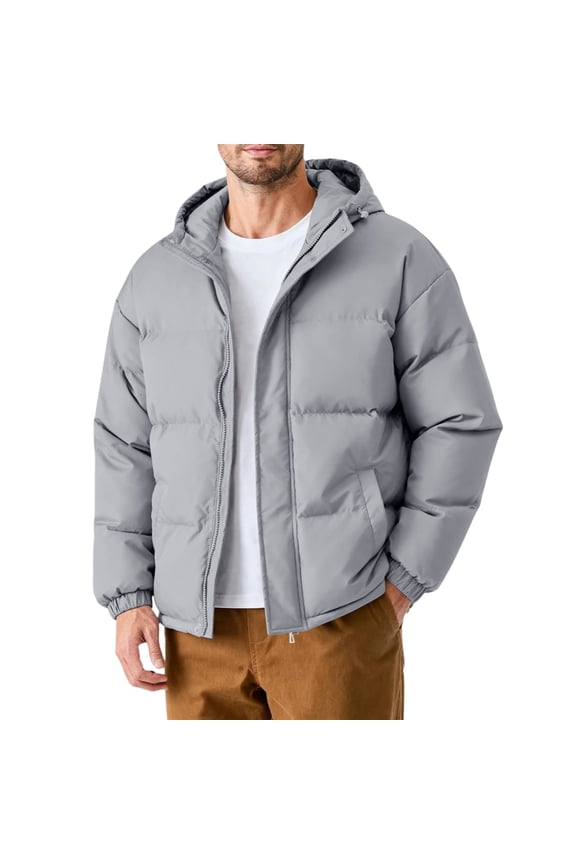 Mens Jacket Casual Windproof Jacket Big & Tall Thickened Puffer Jacket Classic Fit Winter Puffy Coat with hooded Light Gray L