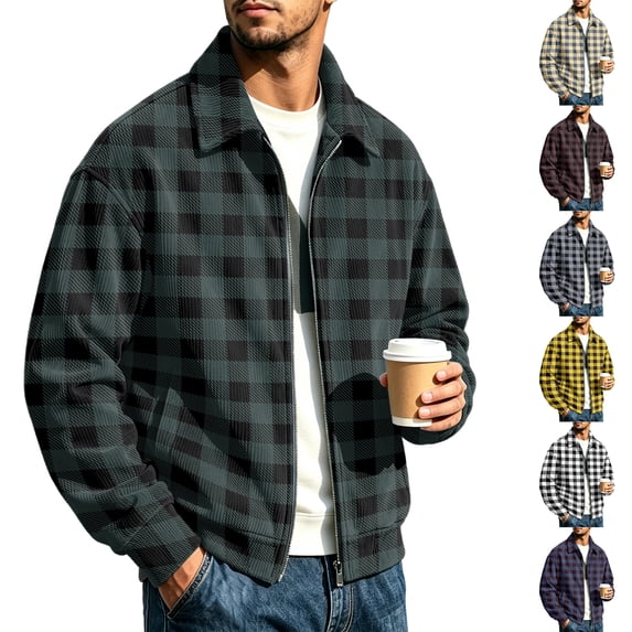 CCRFTGI Mens Jacket Corduroy Bomber Full Zip Casual Vintage Collared Long Sleeve Plaid Outdoor Fall Winter Coats for Men Dark Green L