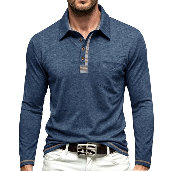 CCRFTGI Mens Long Sleeve Polo Pocket Breathable Soft Golf Work Casual Shirts Tops Tees Blue 3XL