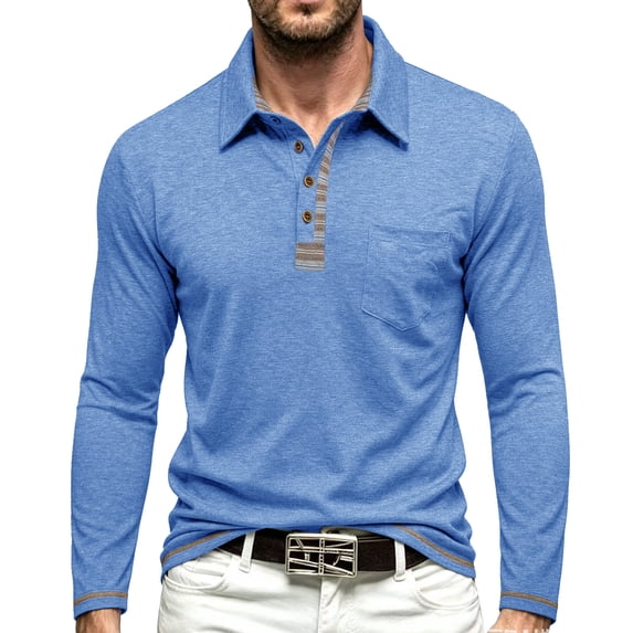 CCRFTGI Mens Long Sleeve Polo Pocket Breathable Soft Golf Work Casual Shirts Tops Tees Light Blue M