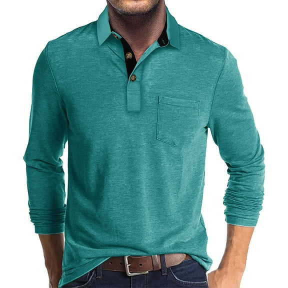 CCRFTGI Mens Polo Shirts Button Down Long Sleeve Shirt Classic Collared Pullover Tops Casual V Neck Tee Shirt with Pocket Turquoise M