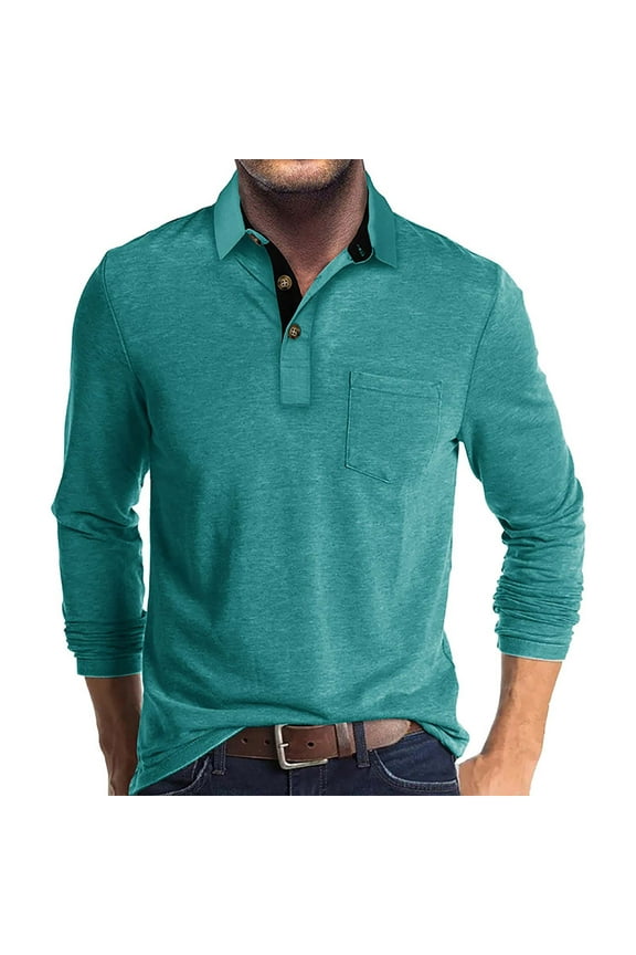 Mens Polo Shirts Button Down Long Sleeve Shirt Classic Collared Pullover Tops Casual V Neck Tee Shirt with Pocket Turquoise M