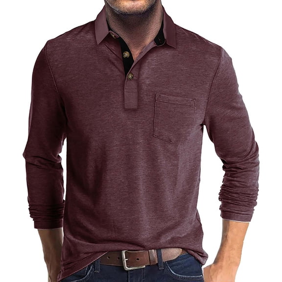CCRFTGI Mens Polo Shirts Button Down Long Sleeve Shirts Golf Lapel Collar Pullover Tops Casual V Neck T-Shirt with Pocket Deep Red XL