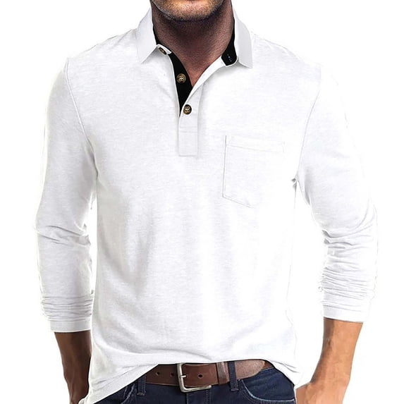 CCRFTGI Mens Polo Shirts Button Up Long Sleeve Shirts Golf Collared Pullover Tops Casual V Neck T-Shirt with Pocket White 2XL