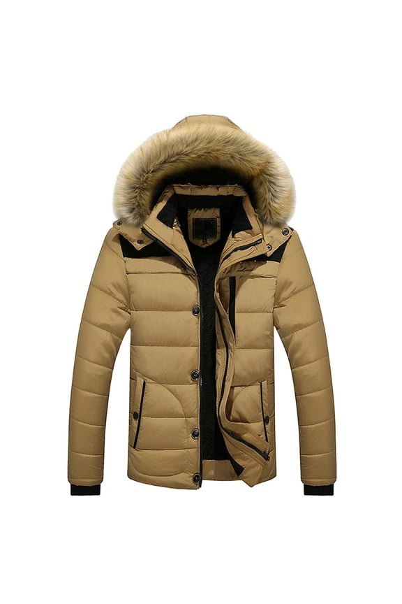 Mens Puffer Jacket Big and Tall Insulated Thicken Quilted Winter Coat Warm Heavy Parka Ski Down Jacket with Faux Fur Non-Removable Hood Khaki 3XL