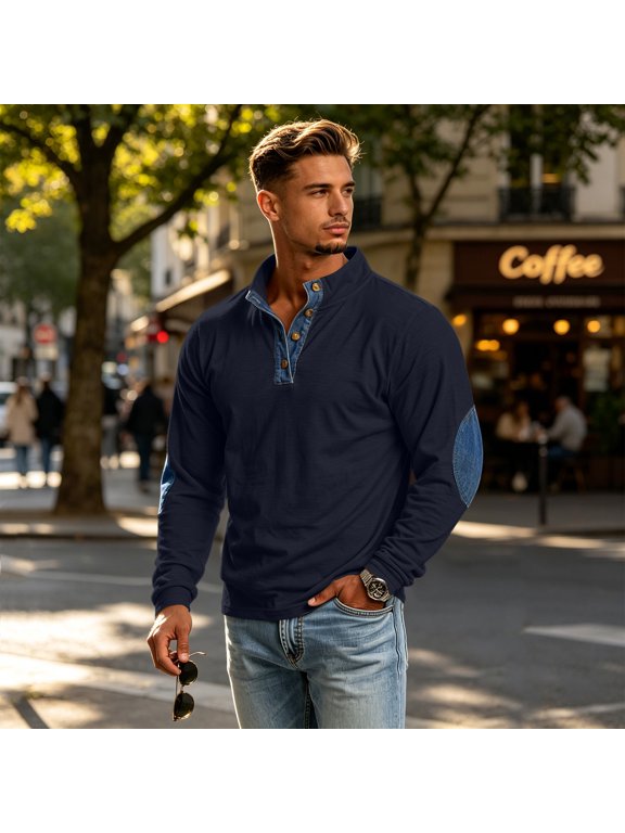 Mens Shirts Button Henley Long Sleeve Shirt Casual Outdoor Vintage Pullover Tops with Elbow Patch Navy L