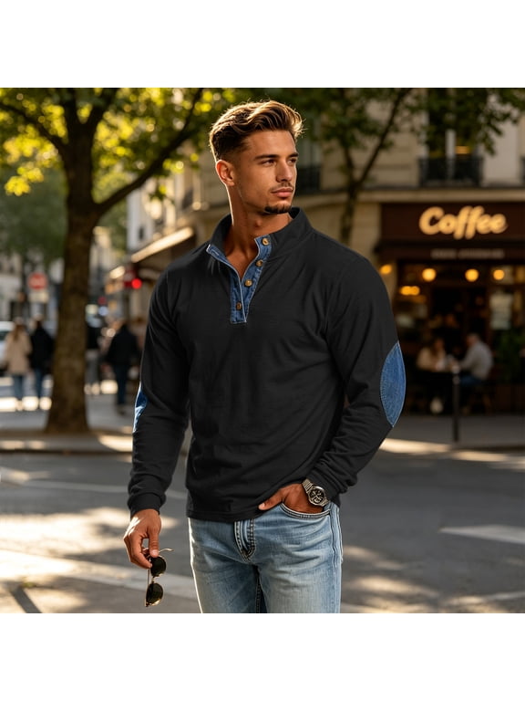 Mens Shirts Button Henley Long Sleeve Tops Casual Outdoor Vintage Pullover Tops with Elbow Patch Black M
