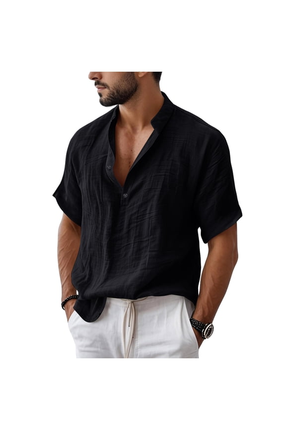 Mens Shirts Henley Summer Casual Button Collar Tops Short Sleeve Lightweight Beach Boho Mens Shirts Black 3XL