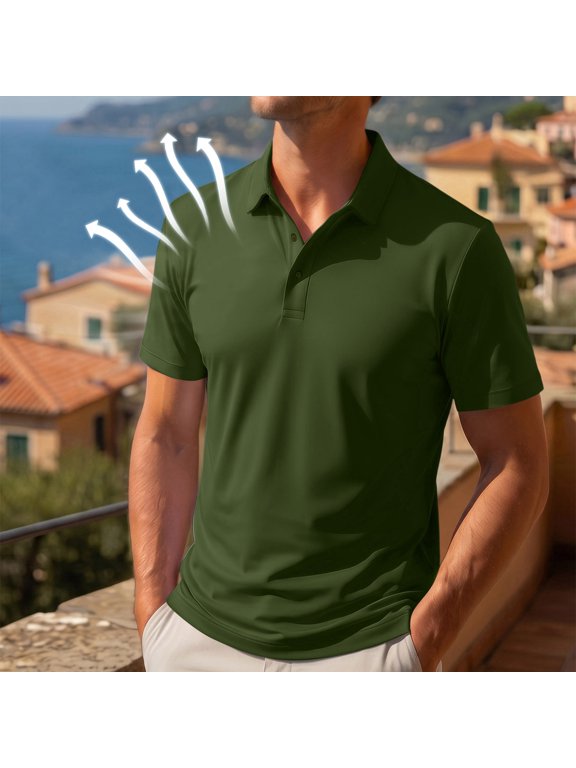 Mens Shirts Short Sleeve Casual Performance Moisture Wicking Quick Dry Men's Polo Shirts Golf Tennis Summer Tops Plain Pique Shirts Army Green L