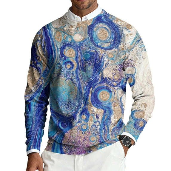 CCRFTGI Mens Sweaters 2025 Fall Big and Tall Ribbed Vintage Floral Print Pullover Trendy Long Sleeve Crewneck Sweater Pullover Cable Knitted Sweater Top Royal Blue 2XL