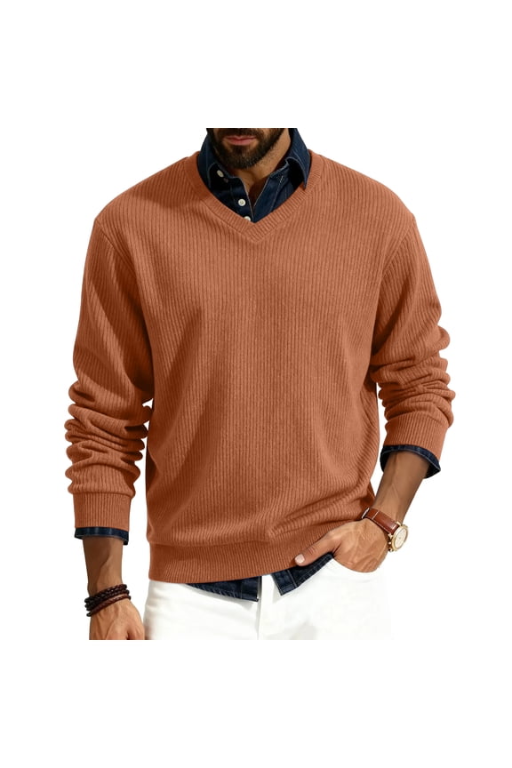 Mens Sweaters 2025 Fall Casual Ribbed Solid Color Pullover Trendy Long Sleeve V-neck Sweater Pullover Cable Knitted Jumper Tops Earthy Yellow S