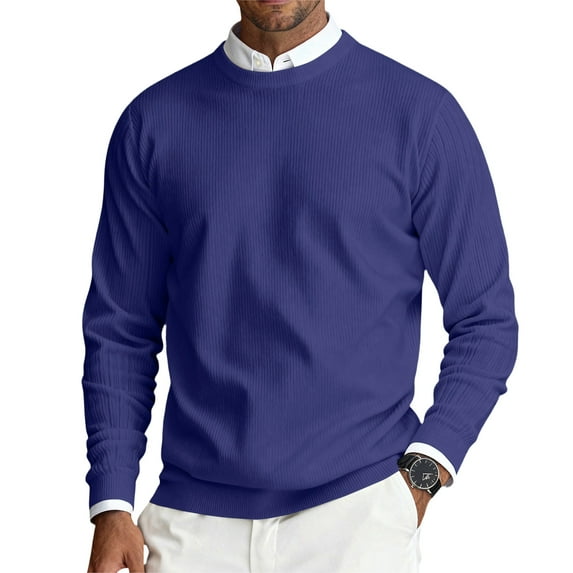 CCRFTGI Mens Sweaters 2025 Fashion Big and Tall Ribbed Solid Color Sweater Trendy Long Sleeve Crewneck Sweater Pullover Cable Knitted Pullover Top Dark Blue S