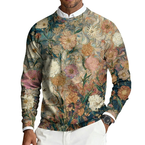 CCRFTGI Mens Sweaters 2025 Fashion Big and Tall Ribbed Vintage Floral Print Pullover Lightweight Long Sleeve Crewneck Sweater Pullover Knit Pullover Top Khaki L